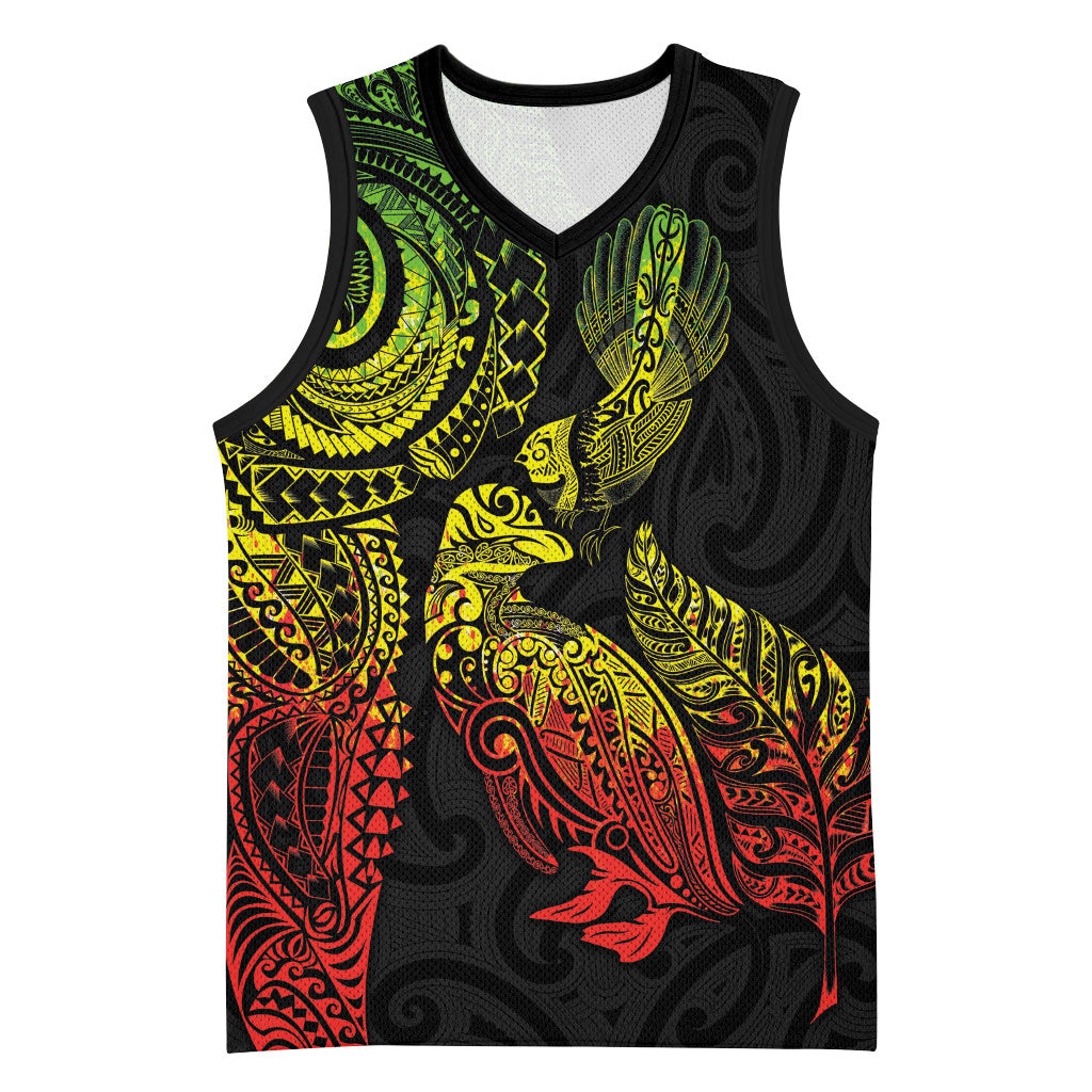 Aotearoa Moko Tribal Tattoo Basketball Jersey New Zealand Maori Penguin and Fantail Reggae Style