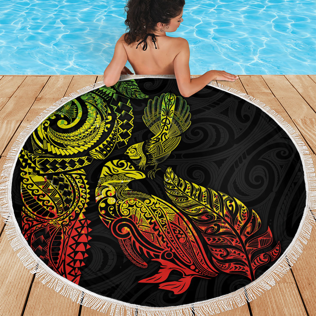 Aotearoa Moko Tribal Tattoo Beach Blanket New Zealand Maori Penguin and Fantail Reggae Style