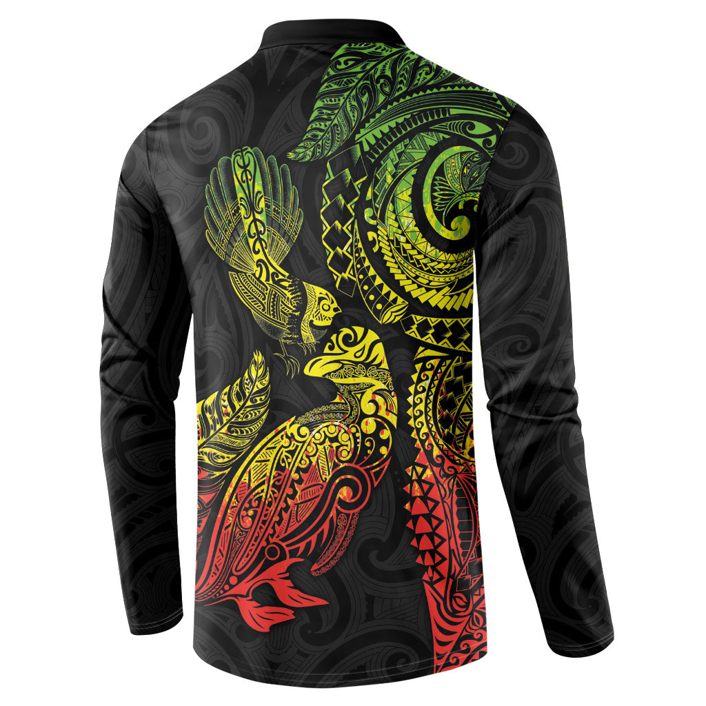 Aotearoa Moko Tribal Tattoo Button Sweatshirt New Zealand Maori Penguin and Fantail Reggae Style LT03 - Polynesian Pride