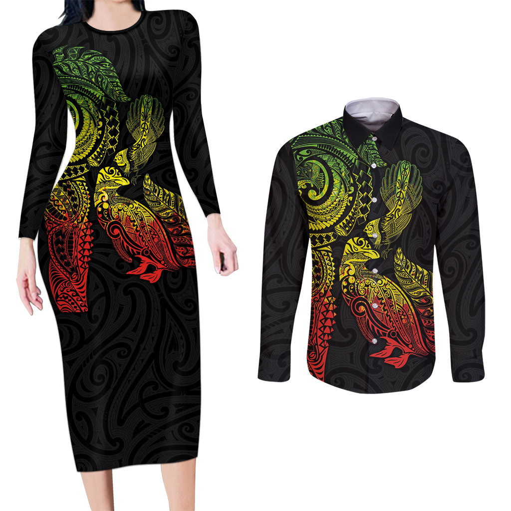 Aotearoa Moko Tribal Tattoo Couples Matching Long Sleeve Bodycon Dress and Long Sleeve Button Shirt New Zealand Maori Penguin and Fantail Reggae Style LT03 Multicolor - Polynesian Pride
