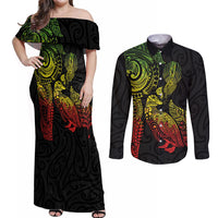 Aotearoa Moko Tribal Tattoo Couples Matching Off Shoulder Maxi Dress and Long Sleeve Button Shirt New Zealand Maori Penguin and Fantail Reggae Style LT03 Multicolor - Polynesian Pride