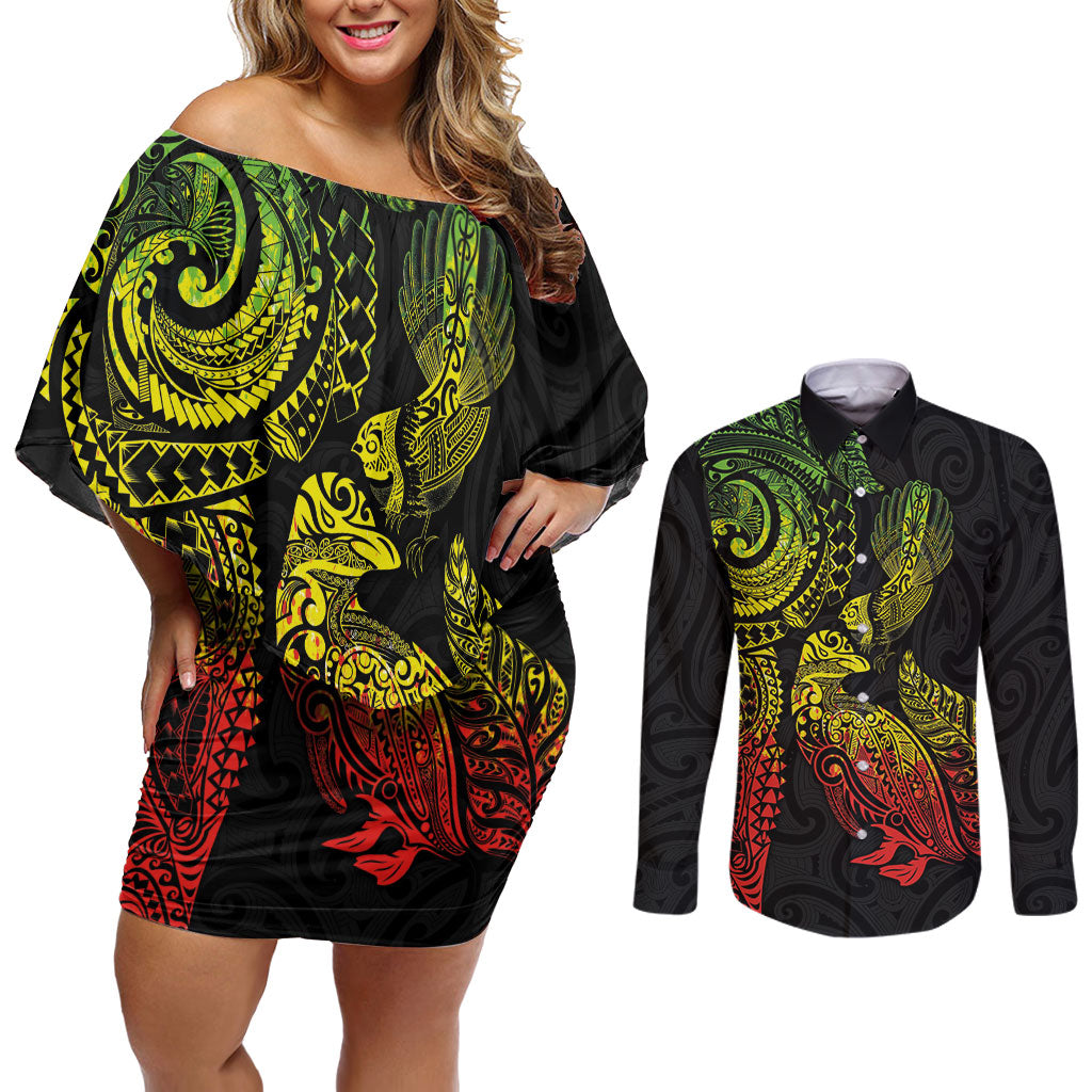 Aotearoa Moko Tribal Tattoo Couples Matching Off Shoulder Short Dress and Long Sleeve Button Shirt New Zealand Maori Penguin and Fantail Reggae Style LT03 Multicolor - Polynesian Pride