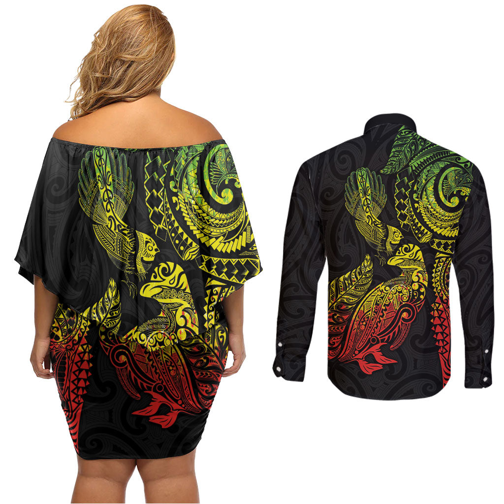 Aotearoa Moko Tribal Tattoo Couples Matching Off Shoulder Short Dress and Long Sleeve Button Shirt New Zealand Maori Penguin and Fantail Reggae Style LT03 - Polynesian Pride