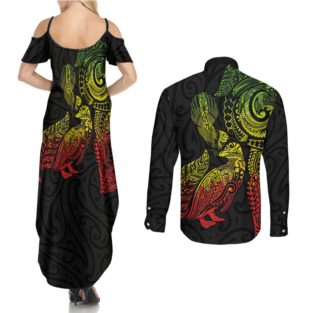 Aotearoa Moko Tribal Tattoo Couples Matching Summer Maxi Dress and Long Sleeve Button Shirt New Zealand Maori Penguin and Fantail Reggae Style LT03 - Polynesian Pride