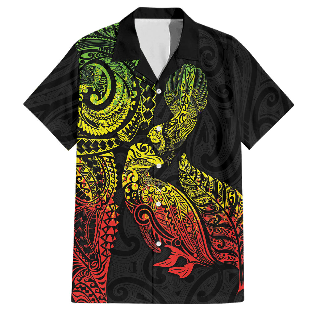 Aotearoa Moko Tribal Tattoo Family Matching Off The Shoulder Long Sleeve Dress and Hawaiian Shirt New Zealand Maori Penguin and Fantail Reggae Style LT03 Dad's Shirt - Short Sleeve Multicolor - Polynesian Pride
