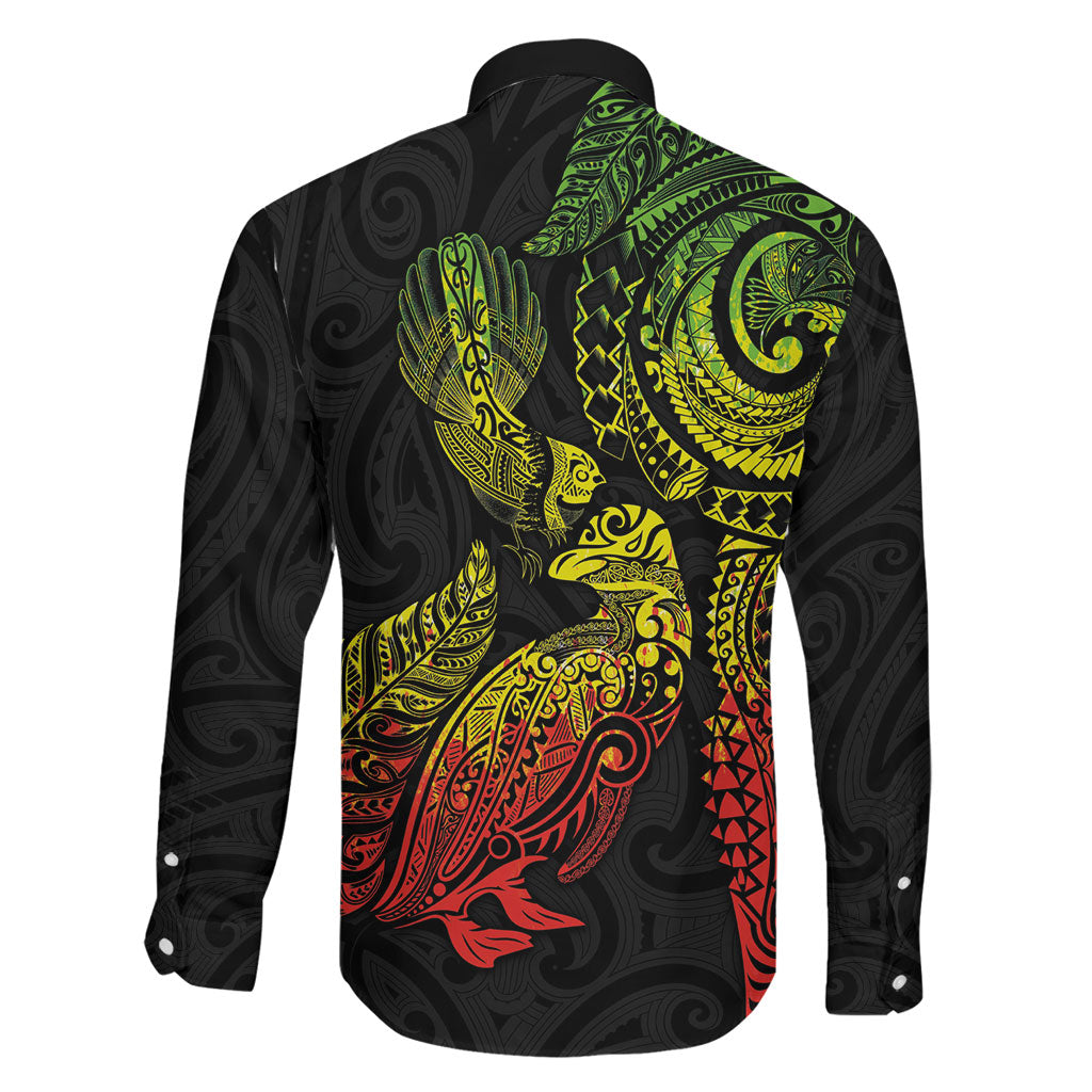 Aotearoa Moko Tribal Tattoo Family Matching Off Shoulder Maxi Dress and Hawaiian Shirt New Zealand Maori Penguin and Fantail Reggae Style LT03 - Polynesian Pride
