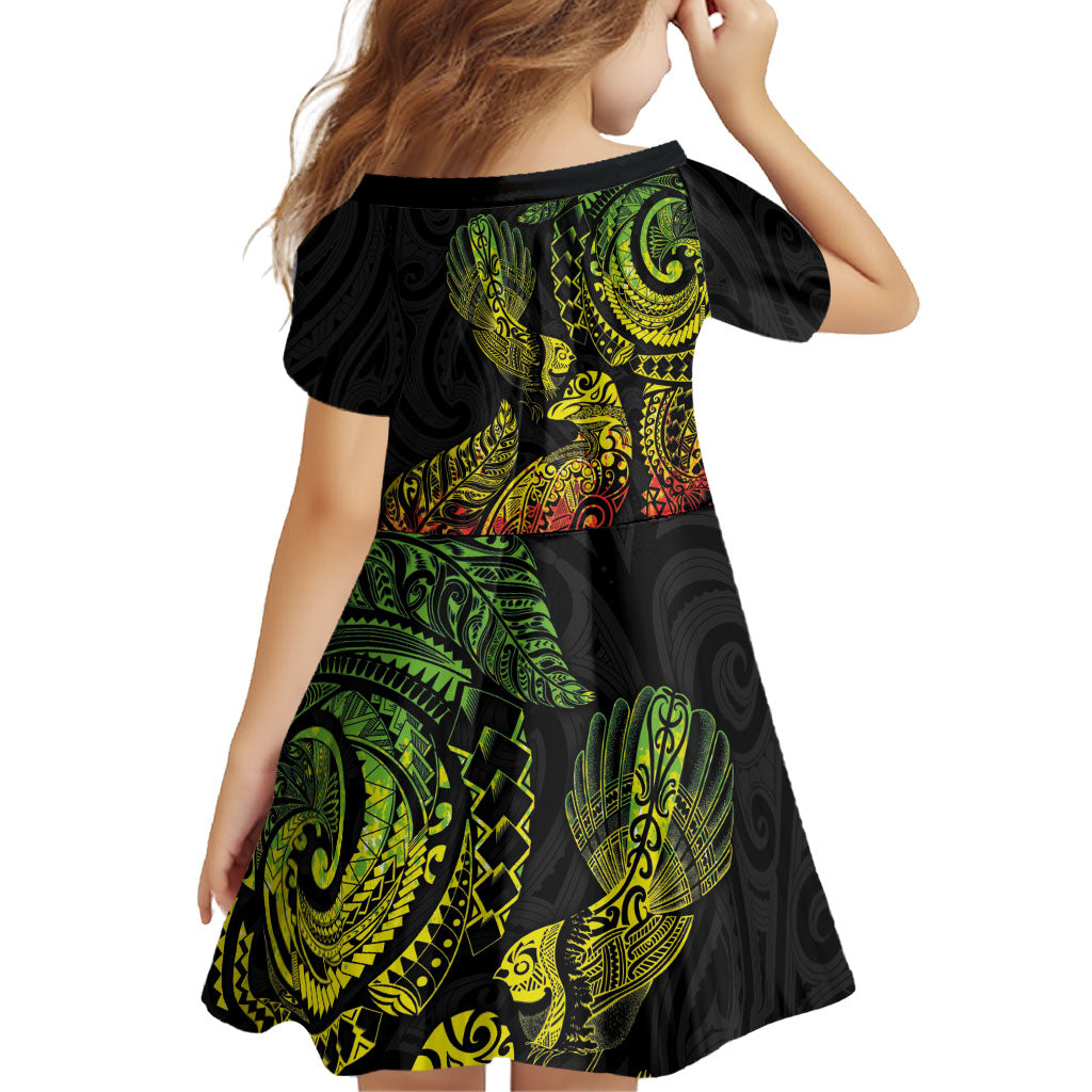 Aotearoa Moko Tribal Tattoo Family Matching Off Shoulder Short Dress and Hawaiian Shirt New Zealand Maori Penguin and Fantail Reggae Style LT03 - Polynesian Pride