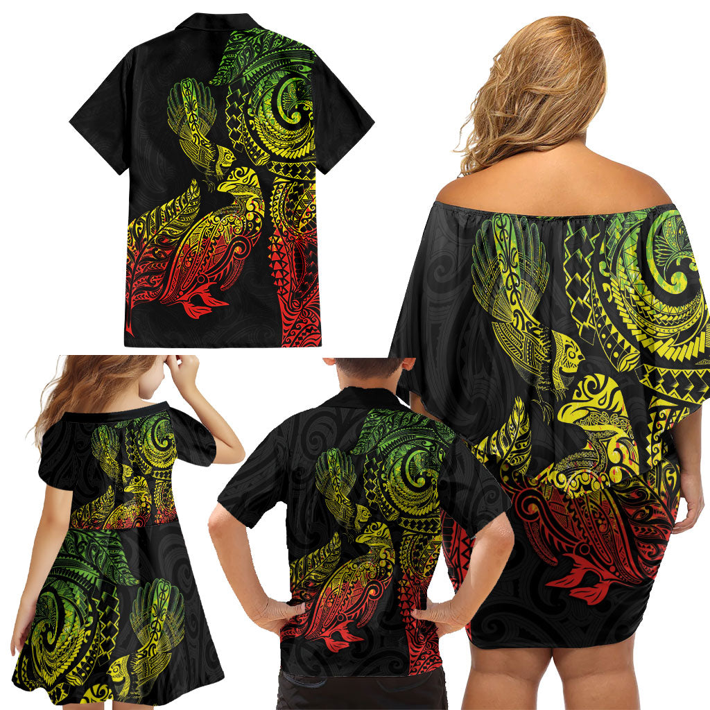 Aotearoa Moko Tribal Tattoo Family Matching Off Shoulder Short Dress and Hawaiian Shirt New Zealand Maori Penguin and Fantail Reggae Style LT03 - Polynesian Pride
