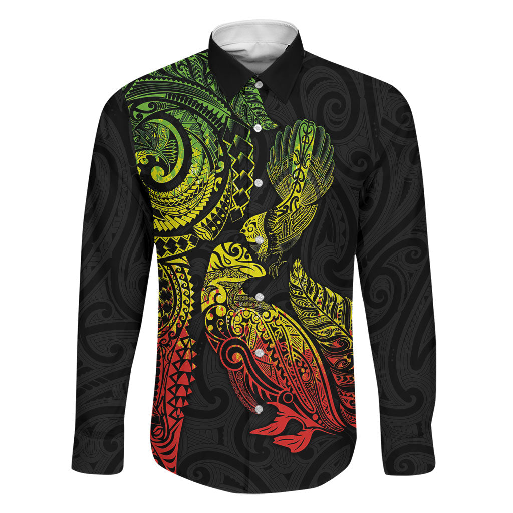 Aotearoa Moko Tribal Tattoo Family Matching Short Sleeve Bodycon Dress and Hawaiian Shirt New Zealand Maori Penguin and Fantail Reggae Style LT03 Dad's Shirt - Long Sleeve Multicolor - Polynesian Pride