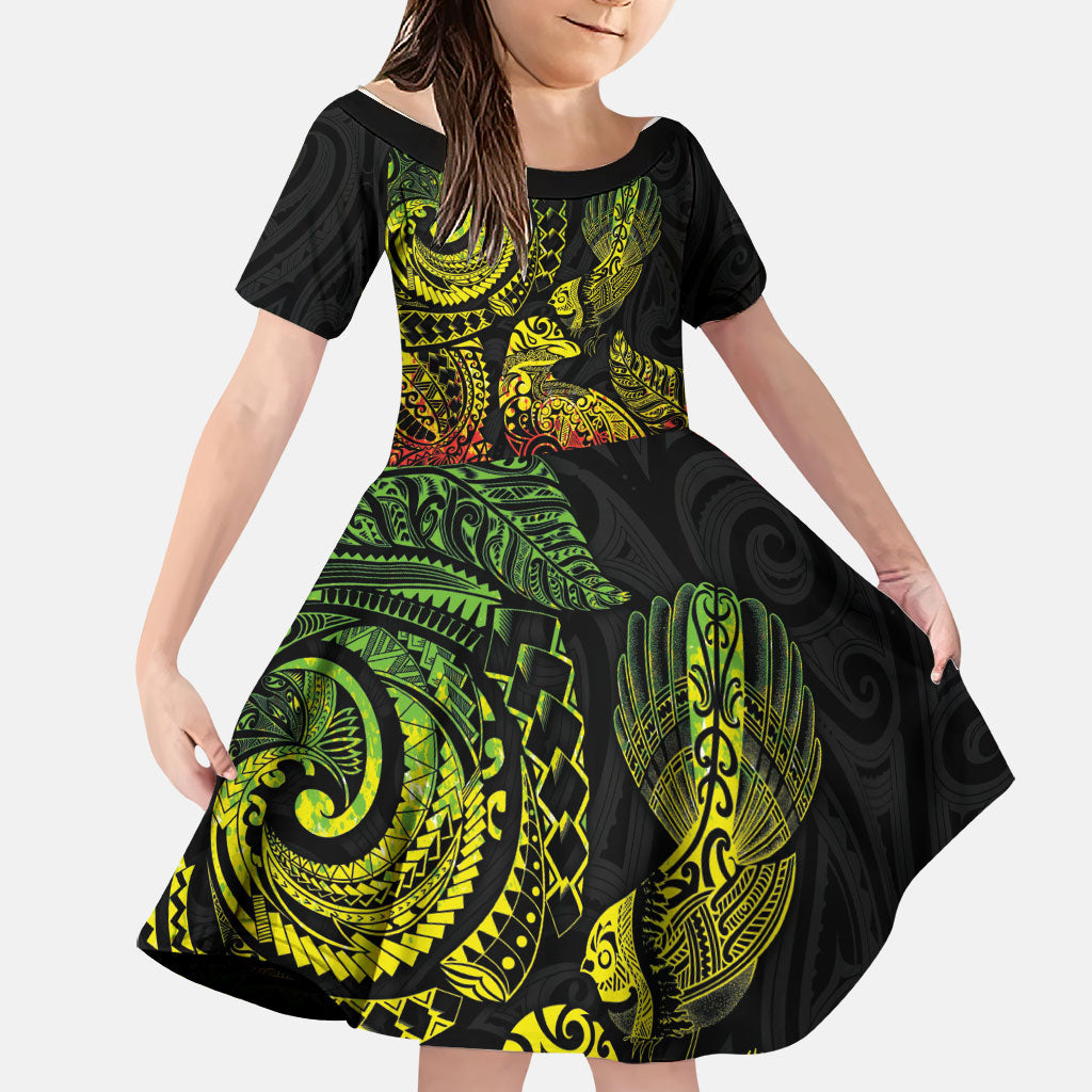 Aotearoa Moko Tribal Tattoo Family Matching Summer Maxi Dress and Hawaiian Shirt New Zealand Maori Penguin and Fantail Reggae Style LT03 Daughter's Dress Multicolor - Polynesian Pride