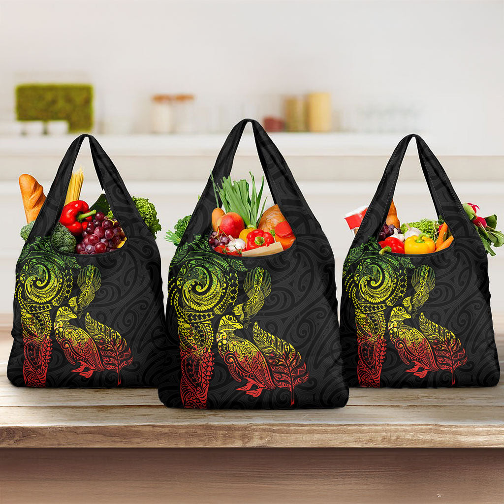 Aotearoa Moko Tribal Tattoo Grocery Bag New Zealand Maori Penguin and Fantail Reggae Style