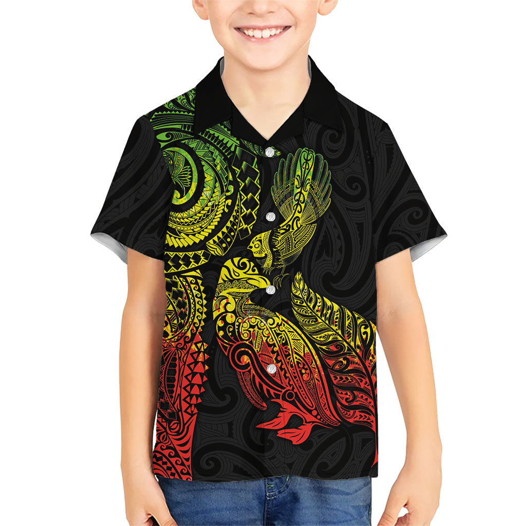Aotearoa Moko Tribal Tattoo Kid Hawaiian Shirt New Zealand Maori Penguin and Fantail Reggae Style LT03 Kid Multicolor - Polynesian Pride