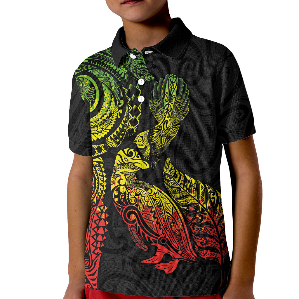 Aotearoa Moko Tribal Tattoo Kid Polo Shirt New Zealand Maori Penguin and Fantail Reggae Style LT03 Kid Multicolor - Polynesian Pride