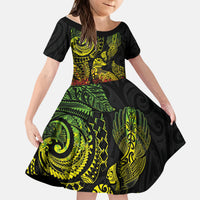 Aotearoa Moko Tribal Tattoo Kid Short Sleeve Dress New Zealand Maori Penguin and Fantail Reggae Style LT03 KID Multicolor - Polynesian Pride