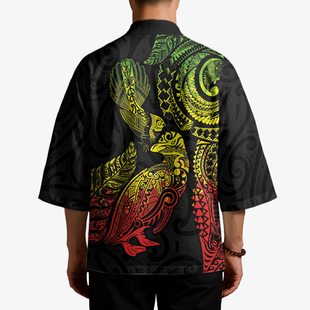 Aotearoa Moko Tribal Tattoo Kimono New Zealand Maori Penguin and Fantail Reggae Style
