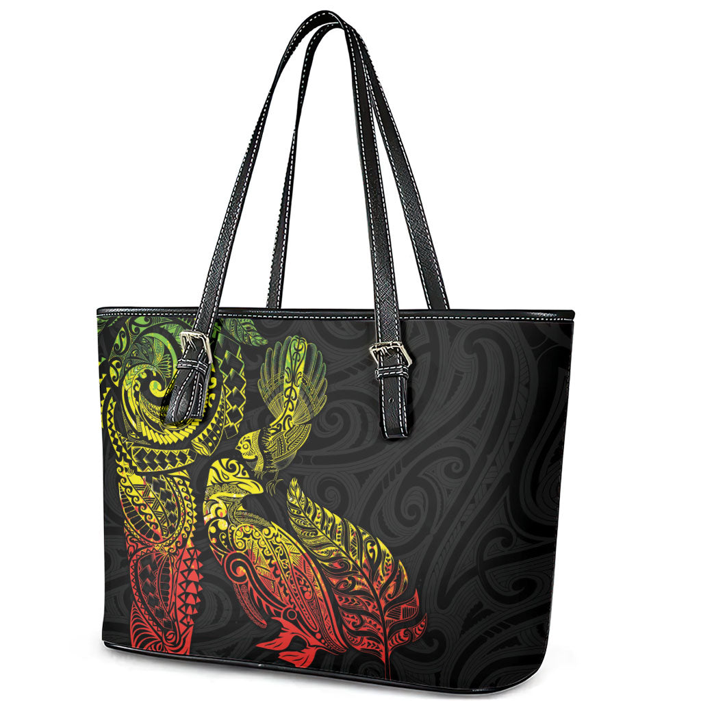 Aotearoa Moko Tribal Tattoo Leather Tote Bag New Zealand Maori Penguin and Fantail Reggae Style