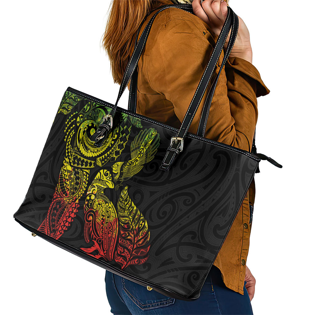 Aotearoa Moko Tribal Tattoo Leather Tote Bag New Zealand Maori Penguin and Fantail Reggae Style