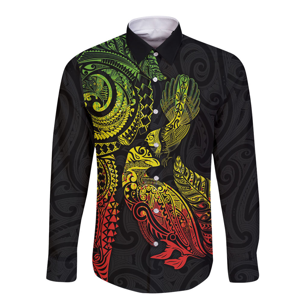 Aotearoa Moko Tribal Tattoo Long Sleeve Button Shirt New Zealand Maori Penguin and Fantail Reggae Style LT03 Unisex Multicolor - Polynesian Pride