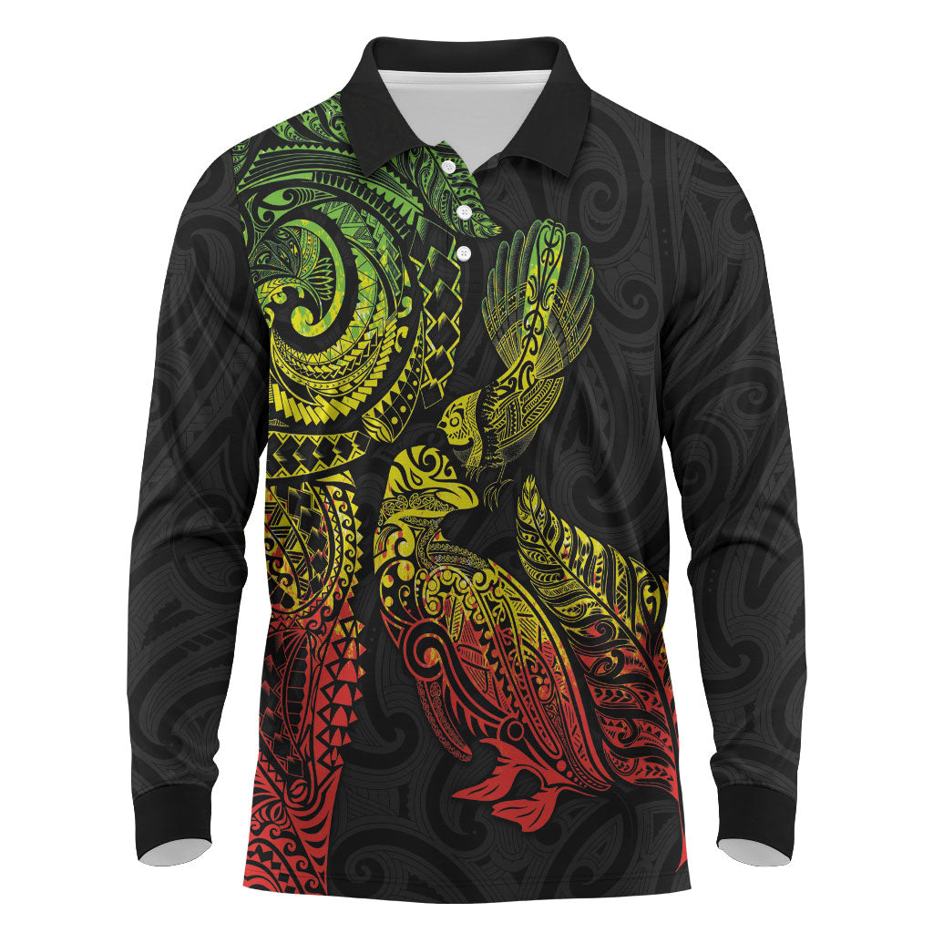 Aotearoa Moko Tribal Tattoo Long Sleeve Polo Shirt New Zealand Maori Penguin and Fantail Reggae Style LT03 Multicolor - Polynesian Pride