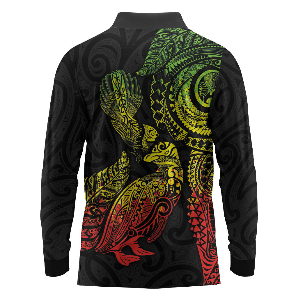 Aotearoa Moko Tribal Tattoo Long Sleeve Polo Shirt New Zealand Maori Penguin and Fantail Reggae Style LT03 - Polynesian Pride