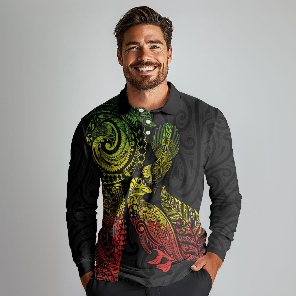 Aotearoa Moko Tribal Tattoo Long Sleeve Polo Shirt New Zealand Maori Penguin and Fantail Reggae Style LT03 - Polynesian Pride