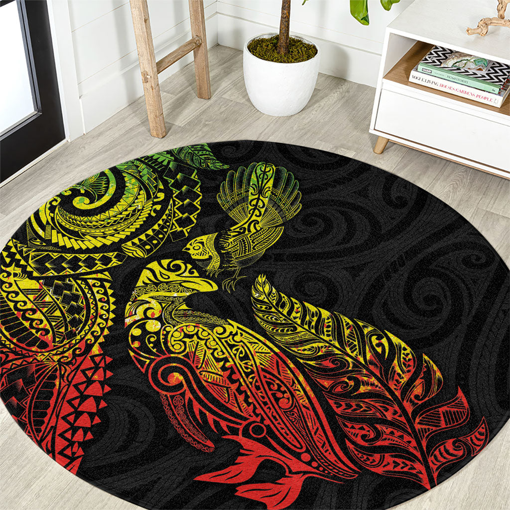 Aotearoa Moko Tribal Tattoo Round Carpet New Zealand Maori Penguin and Fantail Reggae Style