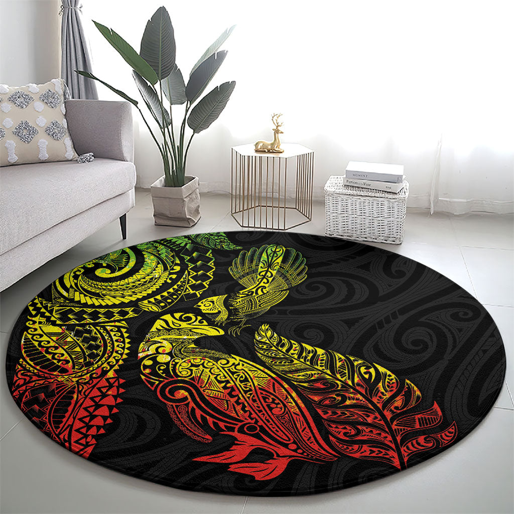 Aotearoa Moko Tribal Tattoo Round Carpet New Zealand Maori Penguin and Fantail Reggae Style