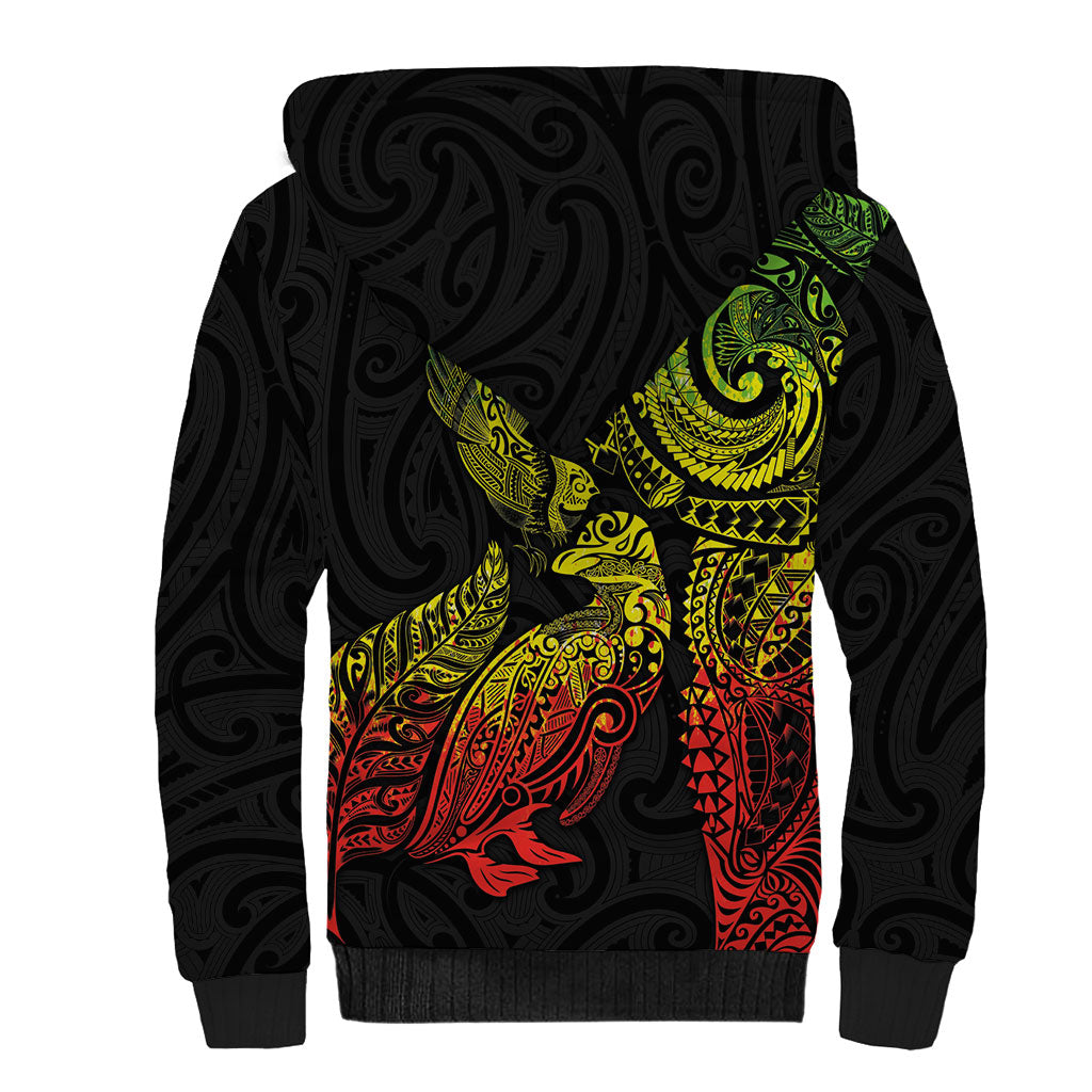 Aotearoa Moko Tribal Tattoo Sherpa Hoodie New Zealand Maori Penguin and Fantail Reggae Style LT03 - Polynesian Pride