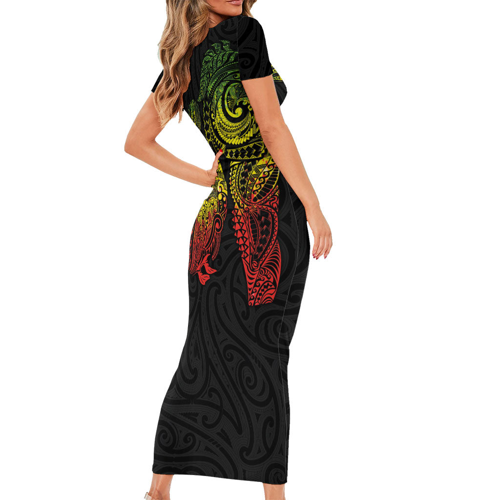 Aotearoa Moko Tribal Tattoo Short Sleeve Bodycon Dress New Zealand Maori Penguin and Fantail Reggae Style LT03 - Polynesian Pride