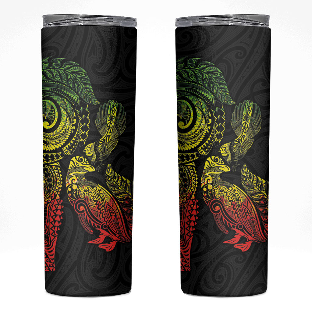 Aotearoa Moko Tribal Tattoo Skinny Tumbler New Zealand Maori Penguin and Fantail Reggae Style