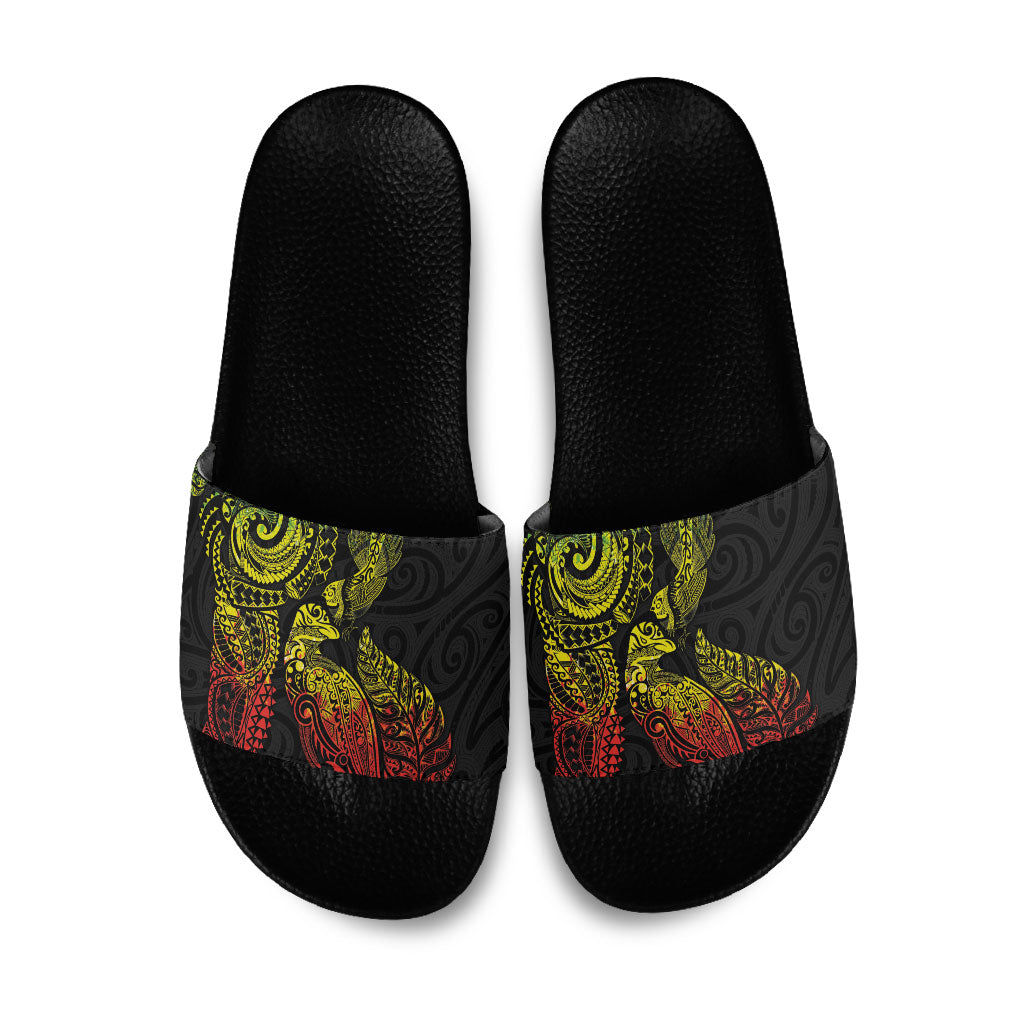 Aotearoa Moko Tribal Tattoo Slide Sandals New Zealand Maori Penguin and Fantail Reggae Style
