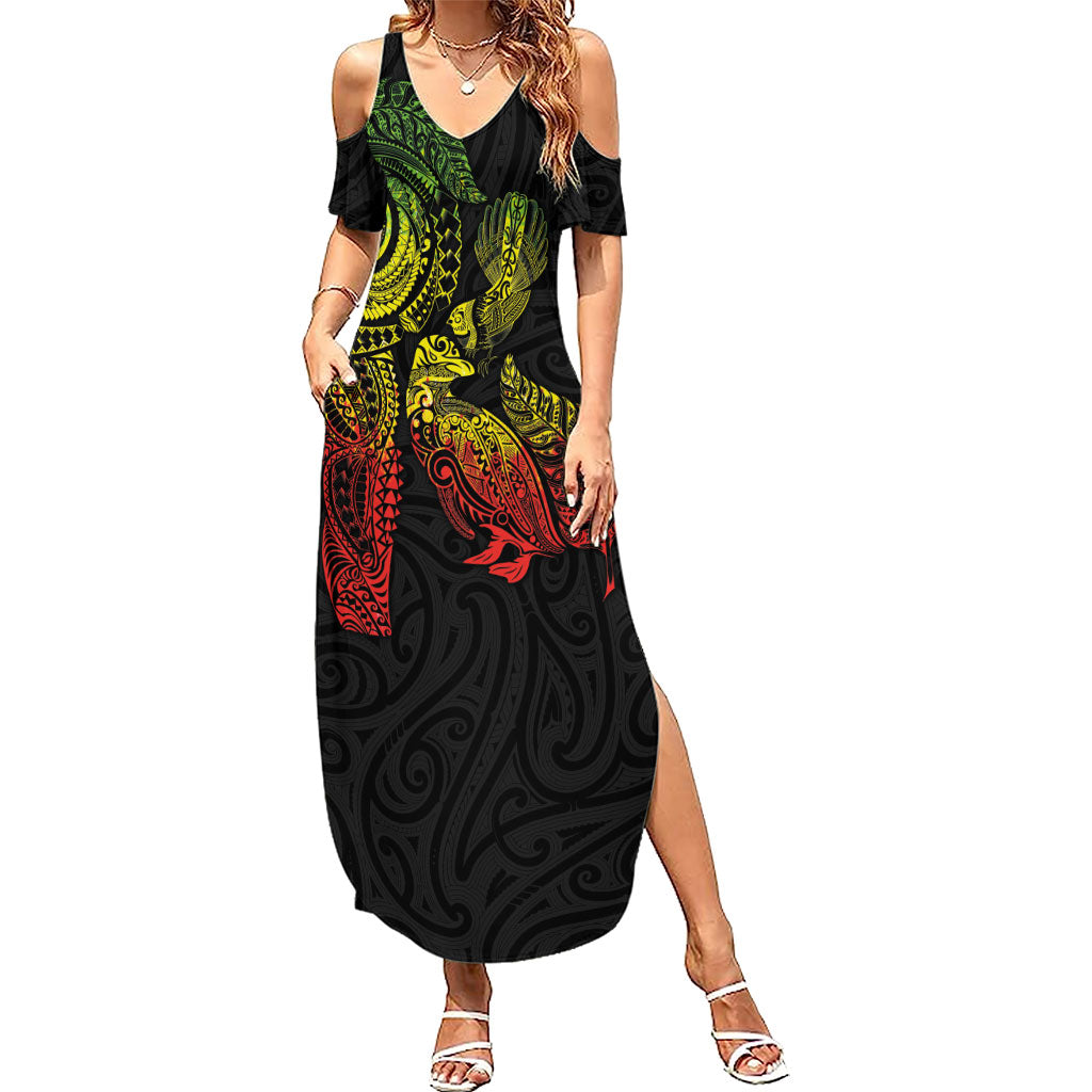 Aotearoa Moko Tribal Tattoo Summer Maxi Dress New Zealand Maori Penguin and Fantail Reggae Style