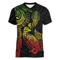 Aotearoa Moko Tribal Tattoo Women V-Neck T-Shirt New Zealand Maori Penguin and Fantail Reggae Style LT03 Female Multicolor - Polynesian Pride