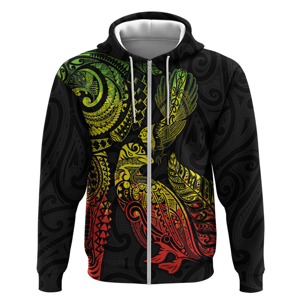 Aotearoa Moko Tribal Tattoo Zip Hoodie New Zealand Maori Penguin and Fantail Reggae Style