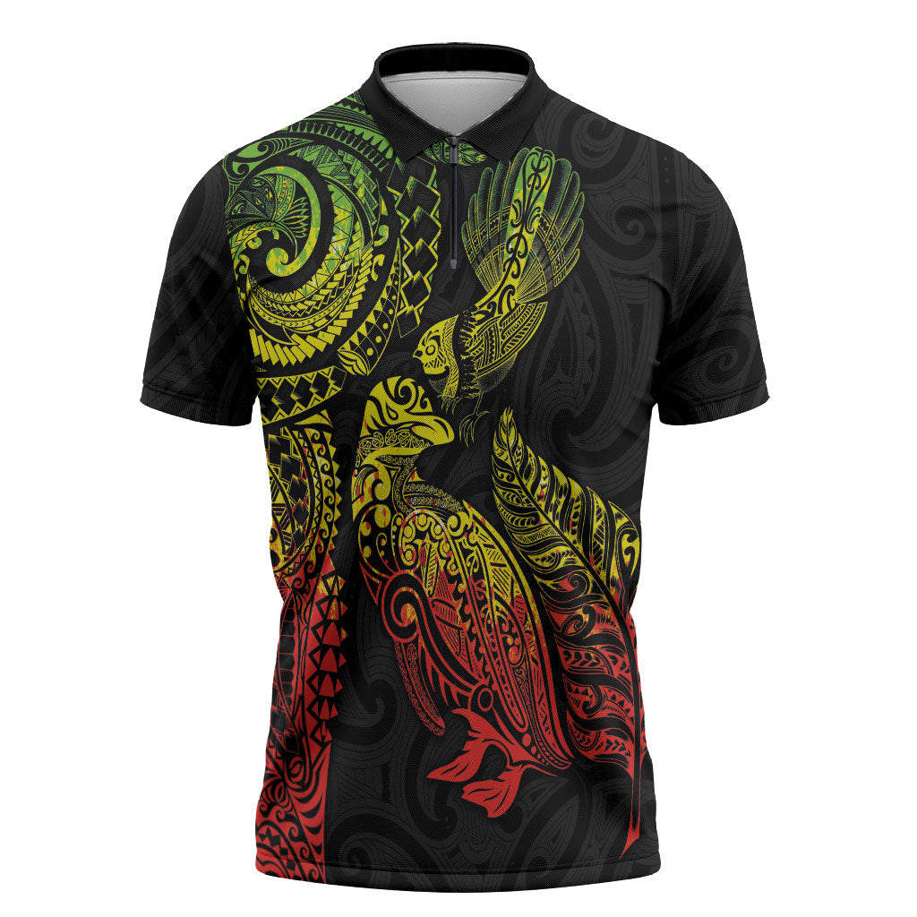 Aotearoa Moko Tribal Tattoo Zipper Polo Shirt New Zealand Maori Penguin and Fantail Reggae Style LT03 Multicolor - Polynesian Pride