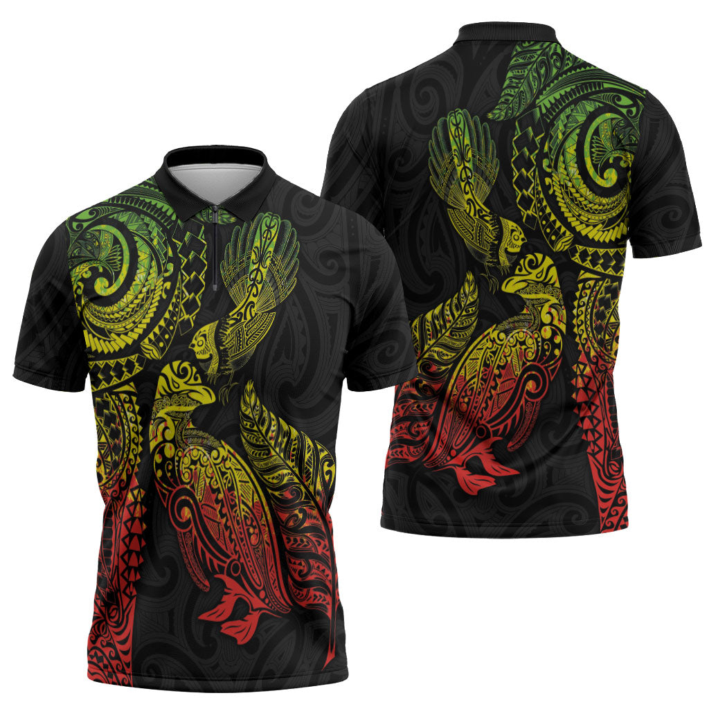 Aotearoa Moko Tribal Tattoo Zipper Polo Shirt New Zealand Maori Penguin and Fantail Reggae Style LT03 - Polynesian Pride