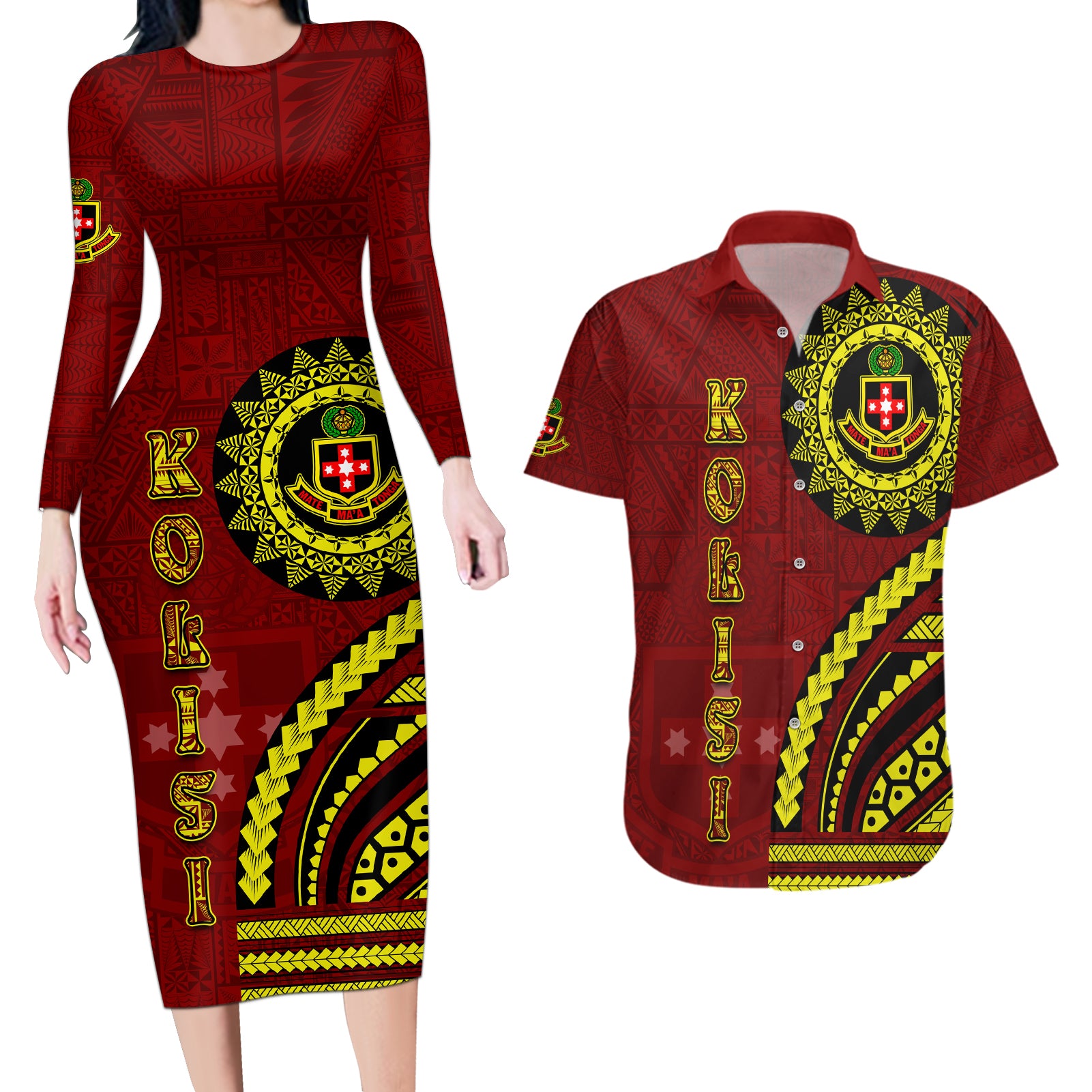 Kolisi Tonga Atele Couples Matching Long Sleeve Bodycon Dress and Hawaiian Shirt Ngatu and Polynesian Pattern