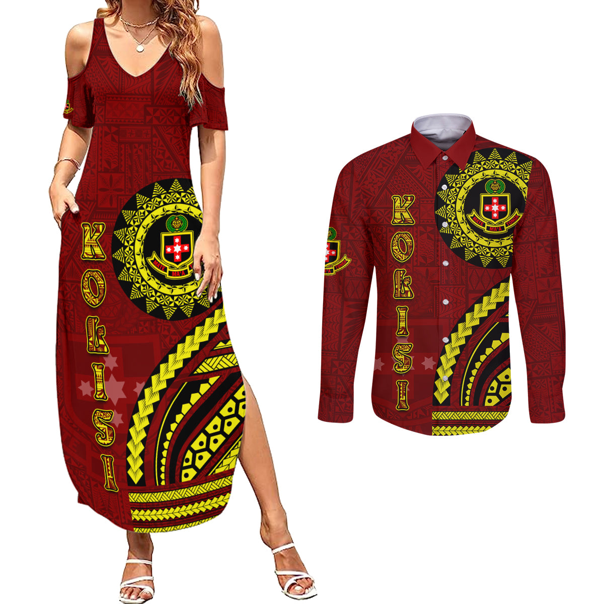 Kolisi Tonga Atele Couples Matching Summer Maxi Dress and Long Sleeve Button Shirt Ngatu and Polynesian Pattern