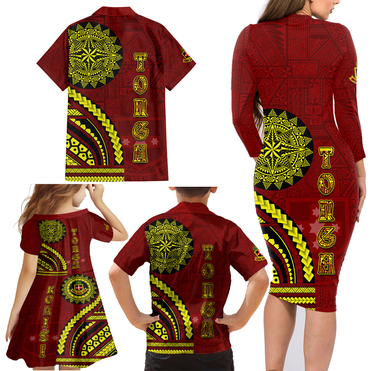 Kolisi Tonga Atele Family Matching Long Sleeve Bodycon Dress and Hawaiian Shirt Ngatu and Polynesian Pattern