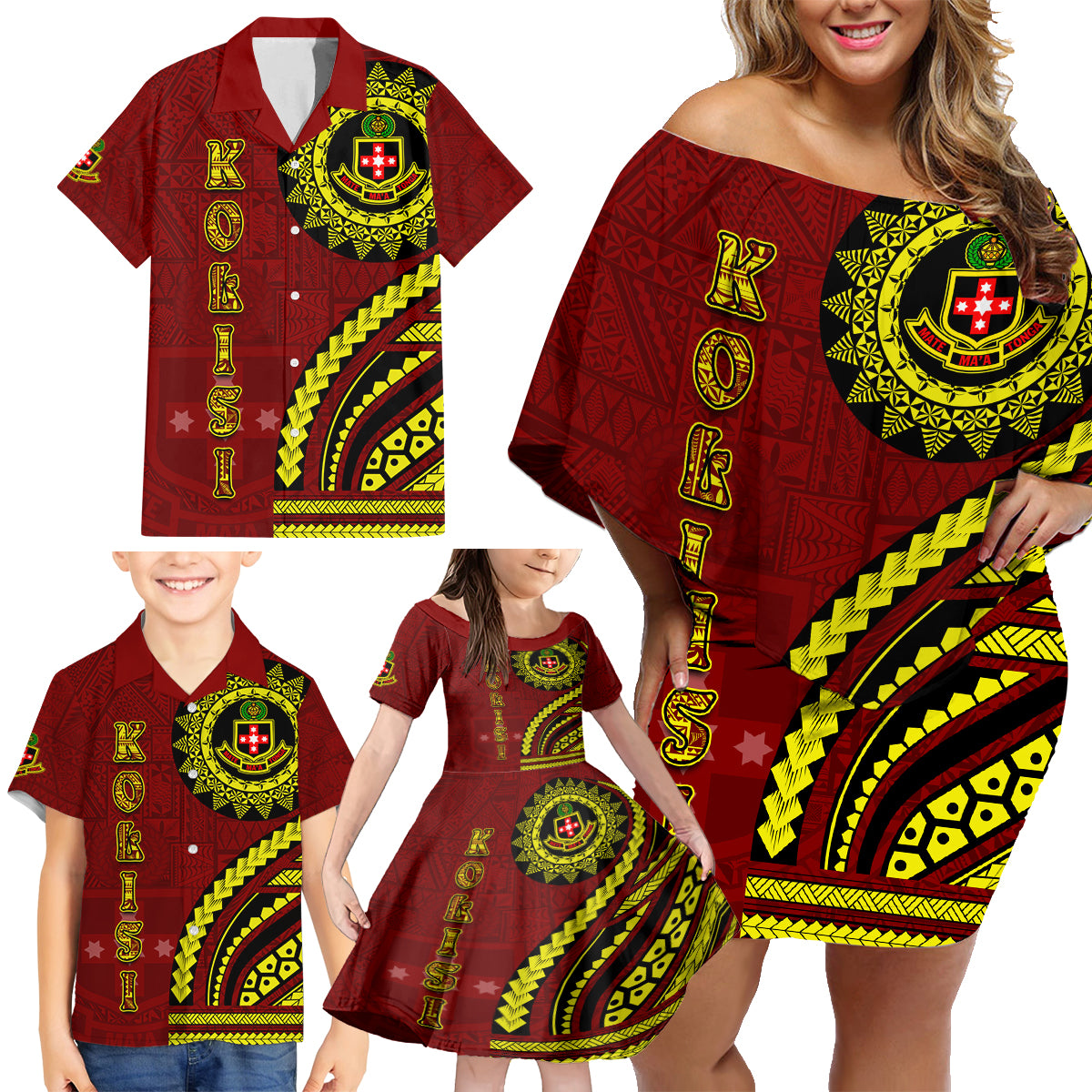 Kolisi Tonga Atele Family Matching Off Shoulder Short Dress and Hawaiian Shirt Ngatu and Polynesian Pattern