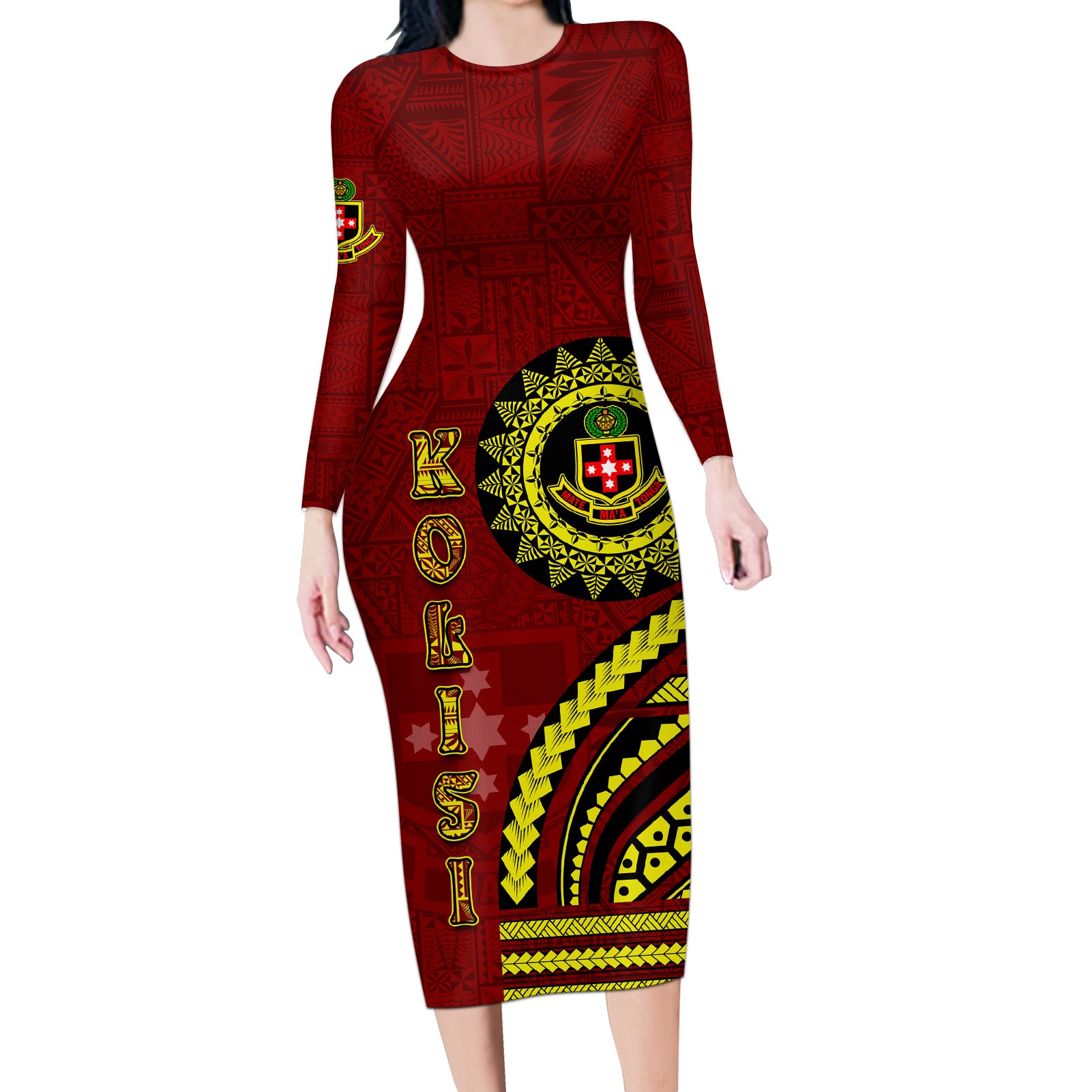 Kolisi Tonga Atele Long Sleeve Bodycon Dress Ngatu and Polynesian Pattern