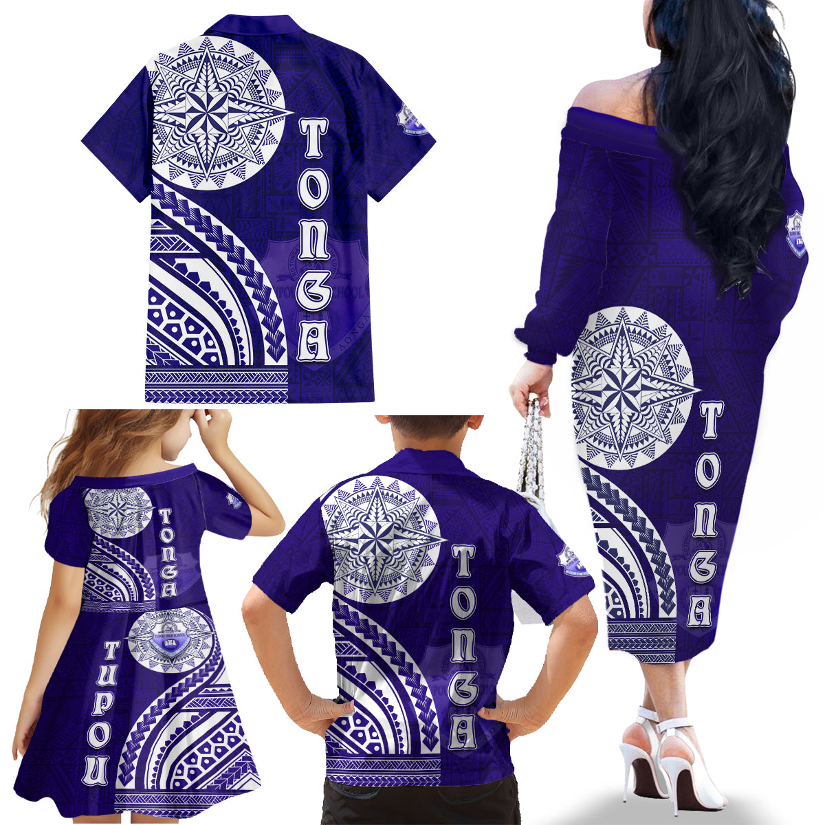 Tupou College Toloa Family Matching Off The Shoulder Long Sleeve Dress and Hawaiian Shirt Ngatu and Polynesian Pattern