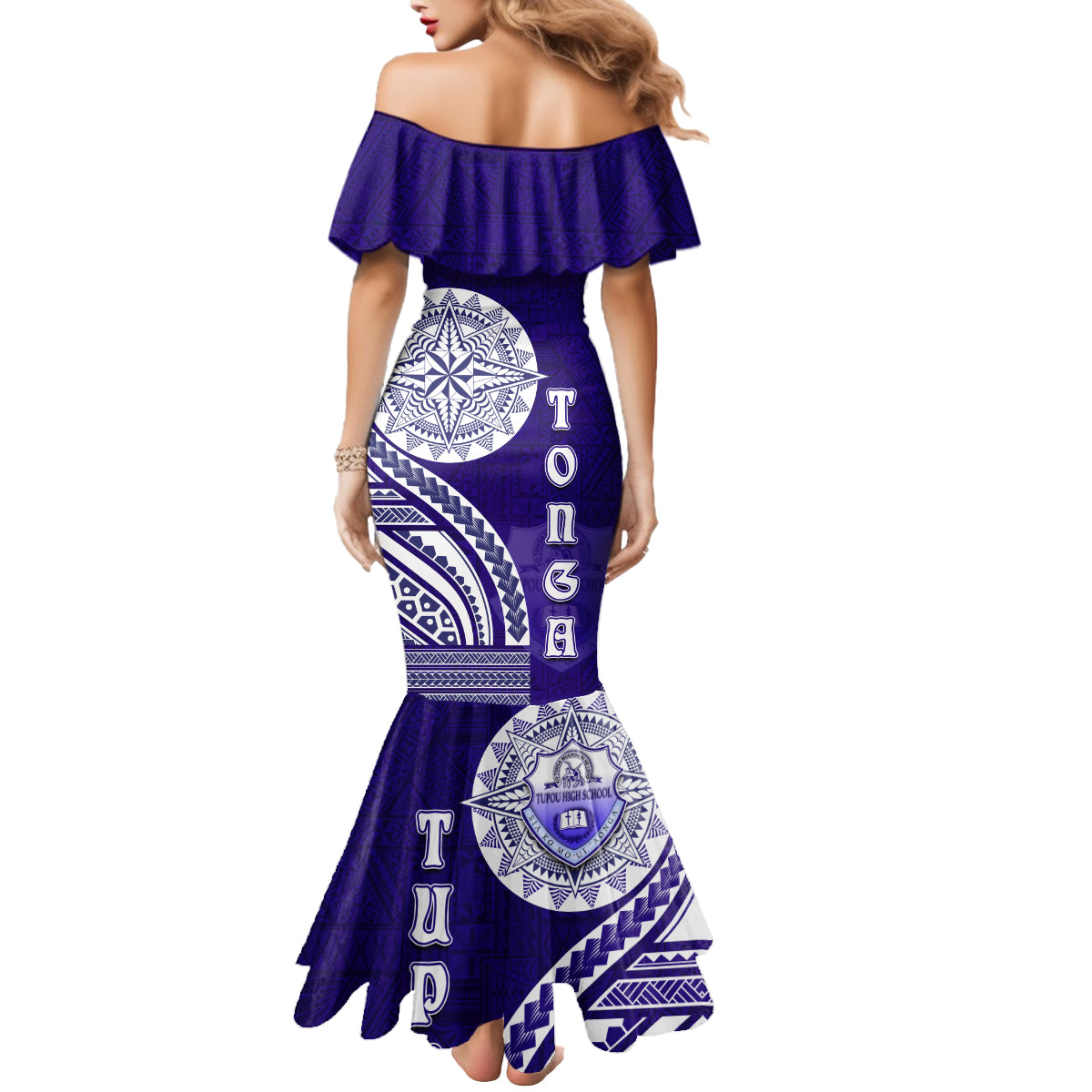 Tupou College Toloa Mermaid Dress Ngatu and Polynesian Pattern