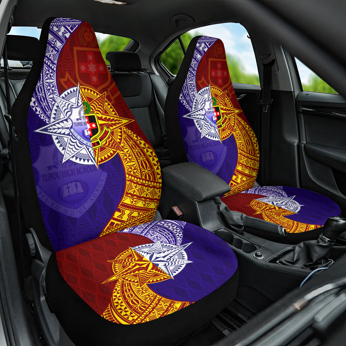 Kolisi Tonga Atele and Tupou College Toloa Car Seat Cover Ngatu and Polynesian Spiral Pattern