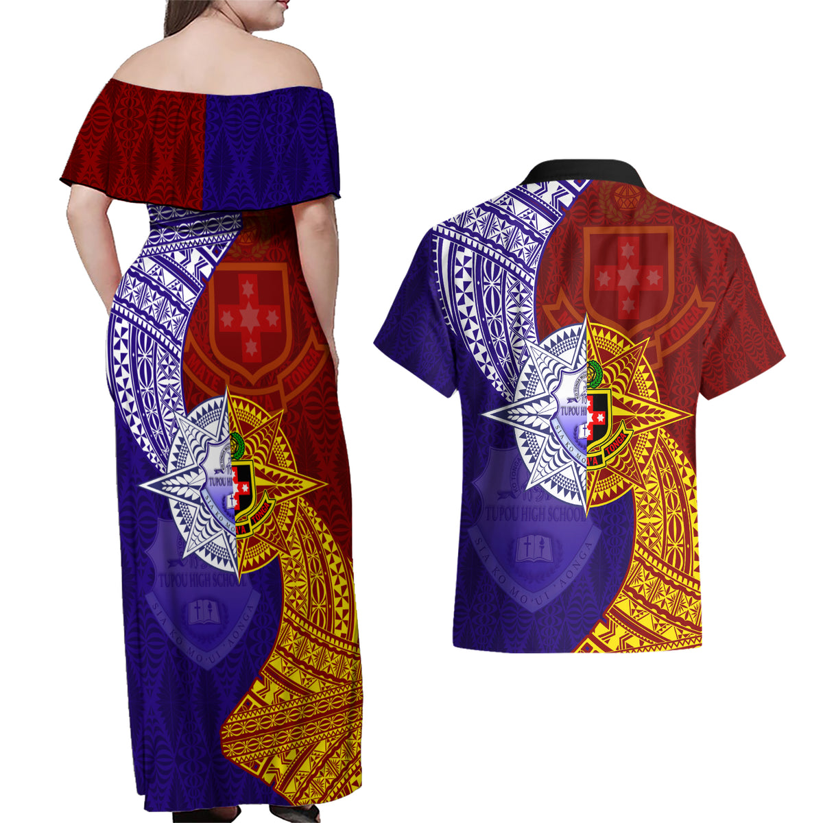 Kolisi Tonga Atele and Tupou College Toloa Couples Matching Off Shoulder Maxi Dress and Hawaiian Shirt Ngatu and Polynesian Spiral Pattern
