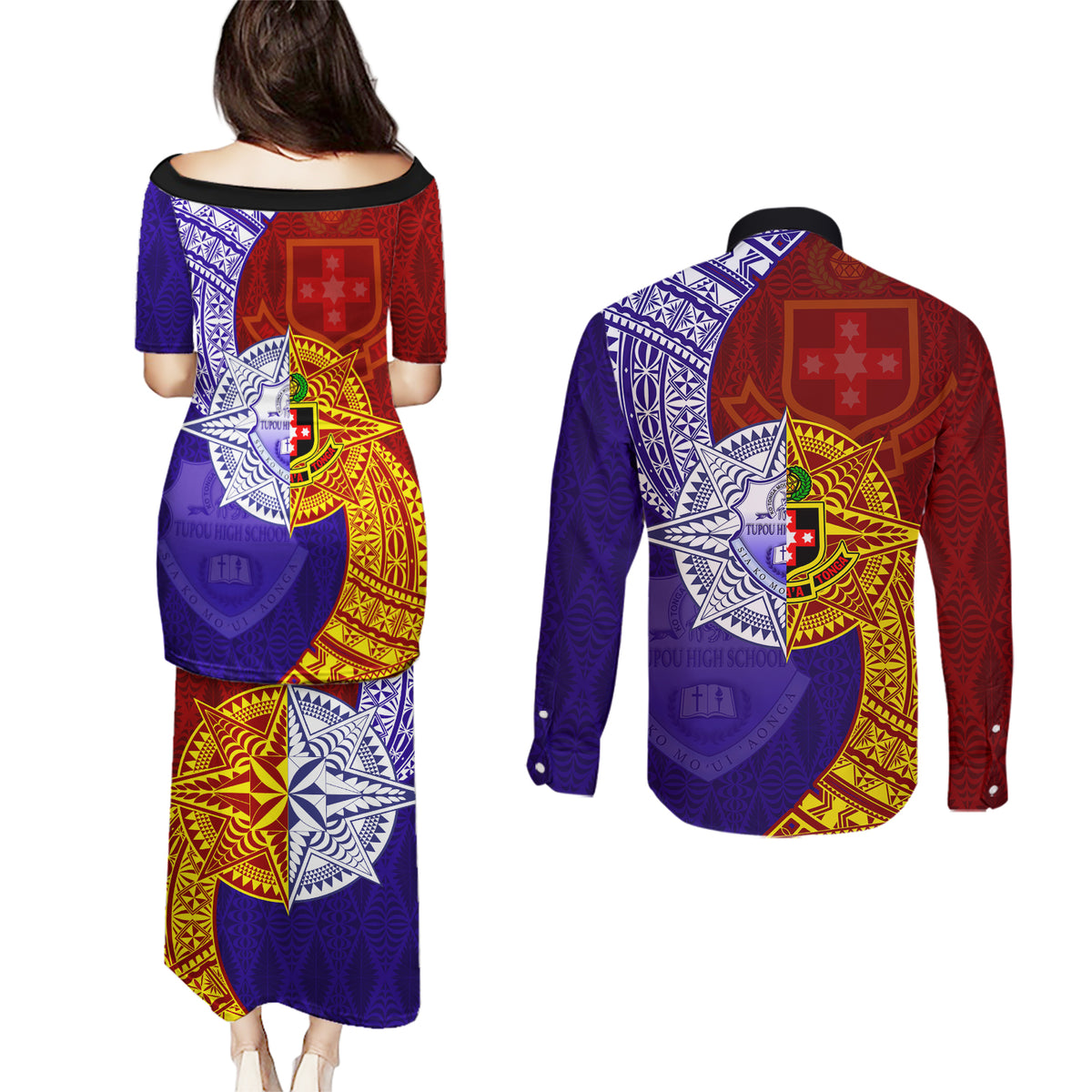 Kolisi Tonga Atele and Tupou College Toloa Couples Matching Puletasi and Long Sleeve Button Shirt Ngatu and Polynesian Spiral Pattern