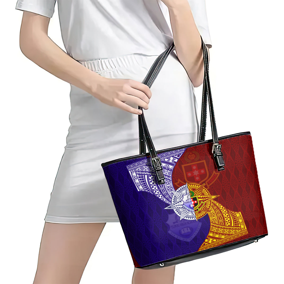 Kolisi Tonga Atele and Tupou College Toloa Leather Tote Bag Ngatu and Polynesian Spiral Pattern