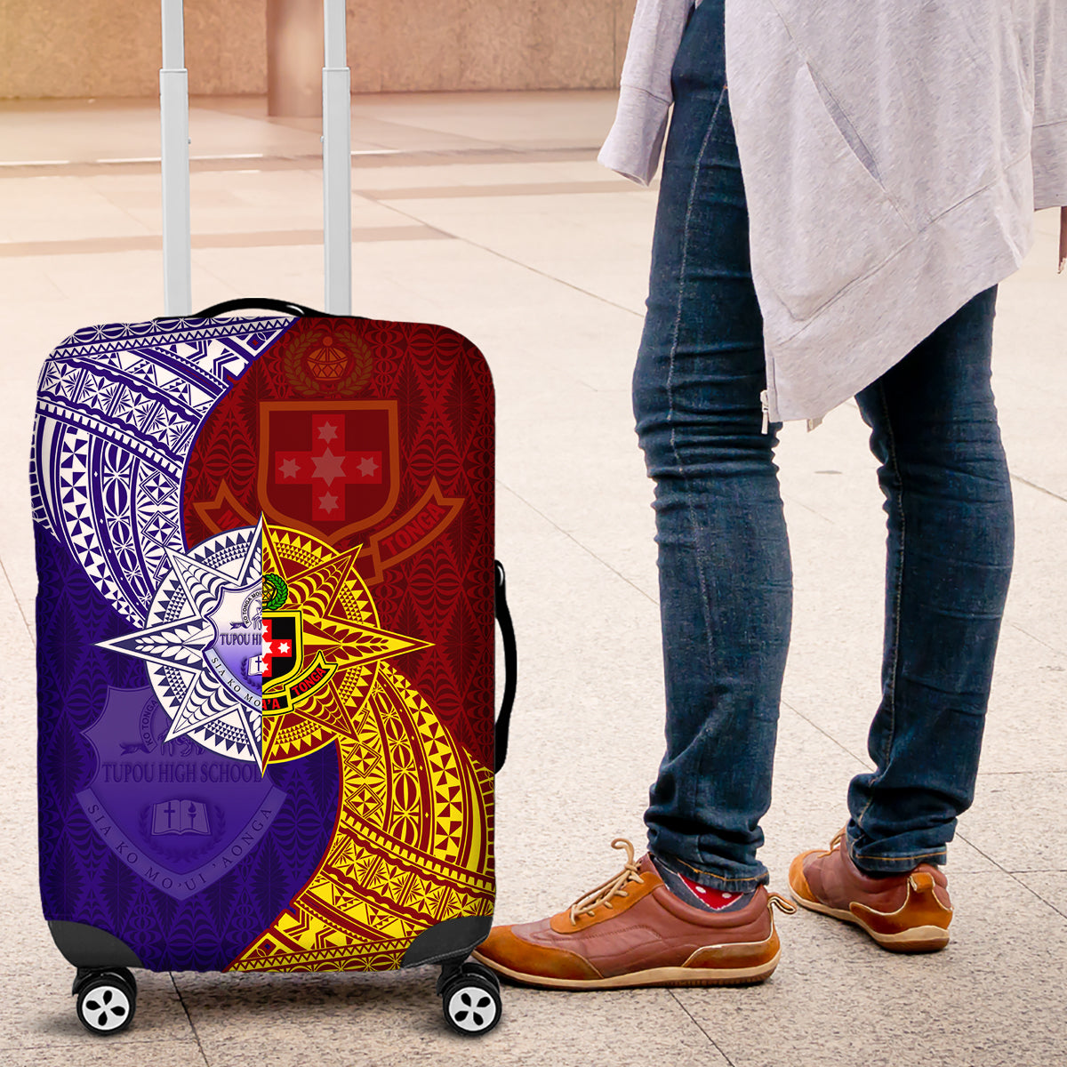 Kolisi Tonga Atele and Tupou College Toloa Luggage Cover Ngatu and Polynesian Spiral Pattern