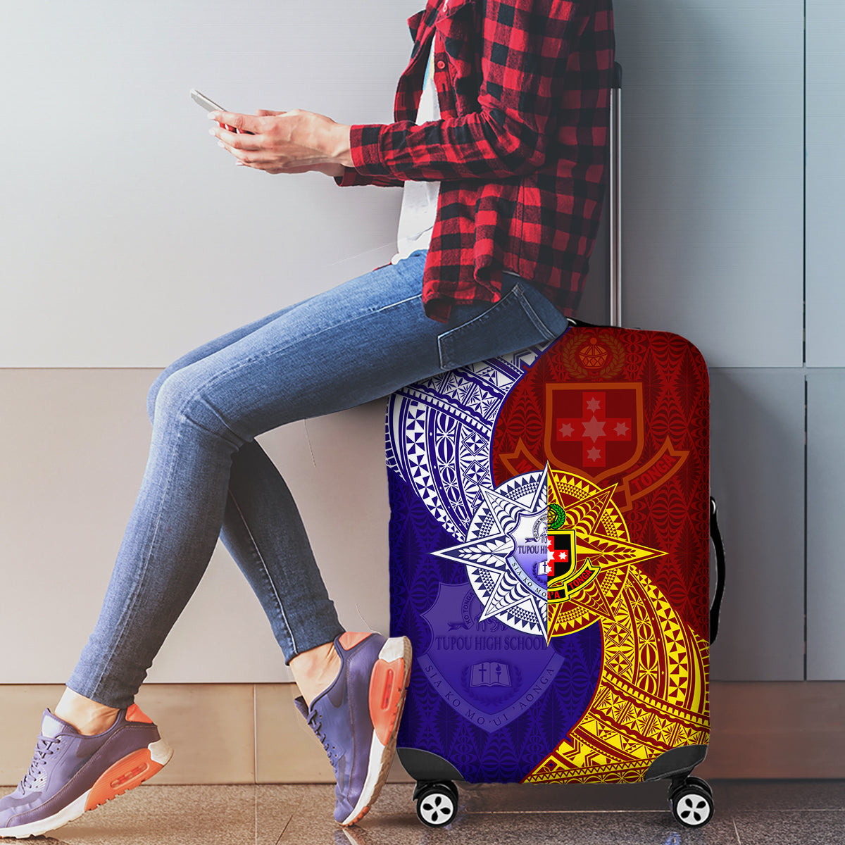 Kolisi Tonga Atele and Tupou College Toloa Luggage Cover Ngatu and Polynesian Spiral Pattern