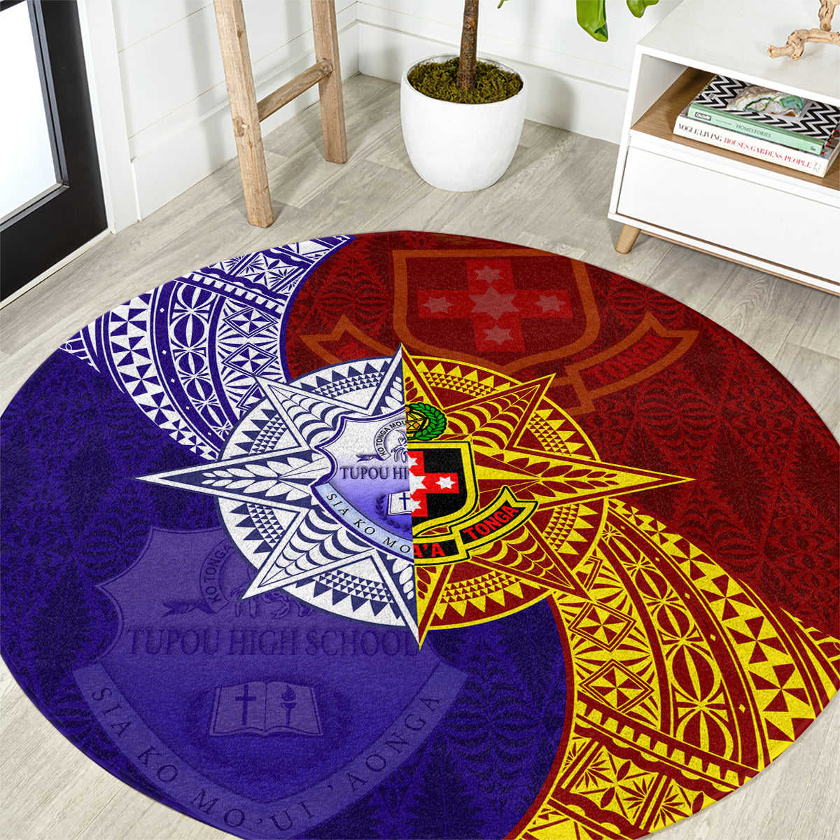 Kolisi Tonga Atele and Tupou College Toloa Round Carpet Ngatu and Polynesian Spiral Pattern